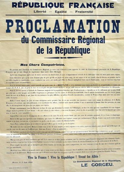 RENNES PROCLAMATION DU COMMISSAIRE RÉGIONAL DE LA RÉPUBLIQUE - «En prenant mes fonctions...
