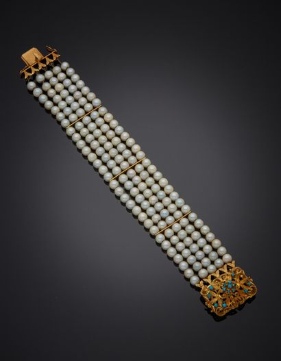 BRACELET composed of five rows of white cultured...