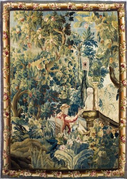 null Importante tapisserie d'Aubusson Fin XVIIIème siècle «Scène galante et jeu de...