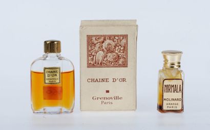 GRENOVILLE «CHAINE D'OR» Flacon miniature en verre, couvre bouchon en laiton doré,...