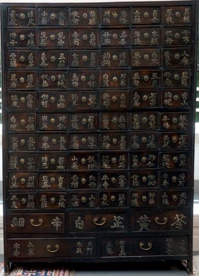 null MEUBLE DE PHARMACIE À TIROIRS EN BOIS. Chine, XIXe siècle. H: 138 cm - L: 86...
