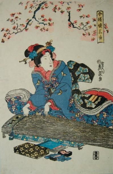 EISEN OBAN TATE-E. VERS 1828 Une jeune femme joue du koto