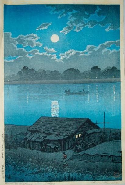 HASUI OBAN TATE-E. 1929 Pleine lune sur la rivière Ara à Akabane, district de Tokyo....