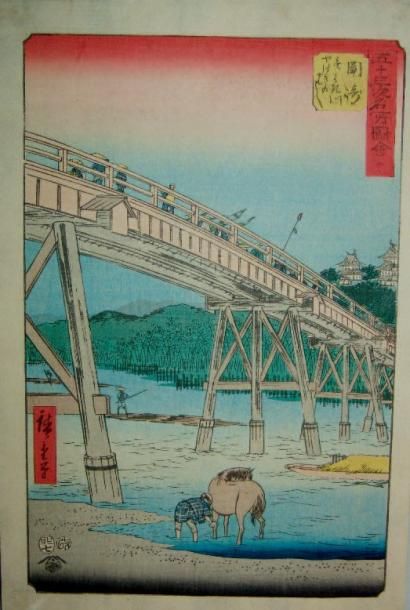 HIROSHIGE OBAN TATE-E SÉRIE DU GRAND TSUTAYA TOKAIDO. 1855. Station 39 «Okazaki»