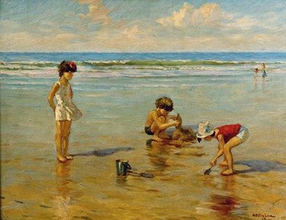 Charles ATAMIAN (1872-1947) ENFANTS JOUANT EN BORD DE MER Peinture sur toile signée...
