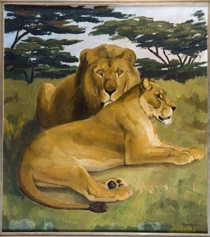 Georges Lucien GUYOT (1885-1973) LION ET LIONNE DANS LA SAVANE Peinture sur toile...