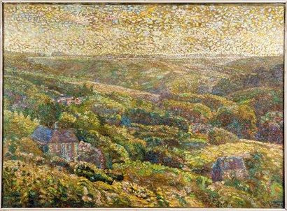 LUDOVIC VALLE (1864-1939) LA VALLÉE AU PRINTEMPS Importante peinture pointilliste...