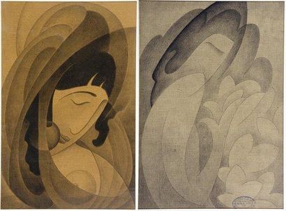 YOKOHAMA O'KIN (1880-1948) FEMME AU SEIN NU ET FEMME STYLISÉE Deux dessins au fusain...