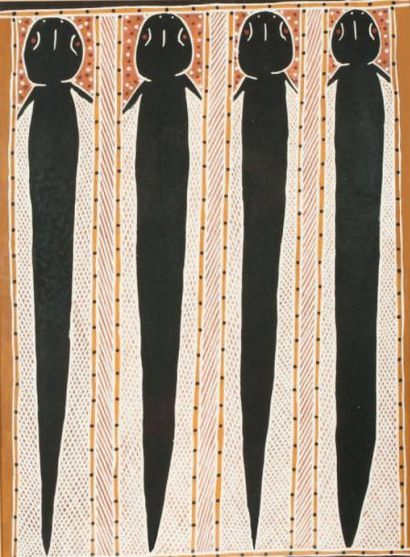 WULULU JIMMY (GUPAPUYNGU) NE EN 1936 POISSONS CHAT / EEL TAILED CATFISH, 1996. Peinture...