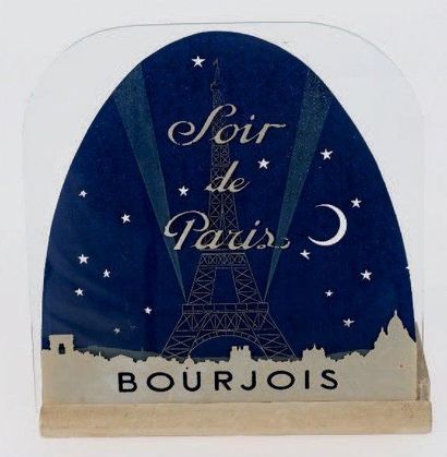 Bourjois «Soir de Paris» Plaque publicitaire en verre décorée d'une vue de la Tour...