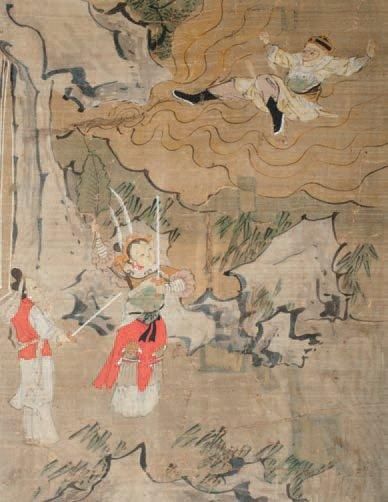 null DIVINITÉS jouant dans le ciel, peinture sur soie, Époque Ming, 1368-1644 après...