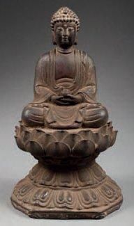 null BOUDDHA assis tenant le bol de charité, fonte de fer. Tibet. 28cm