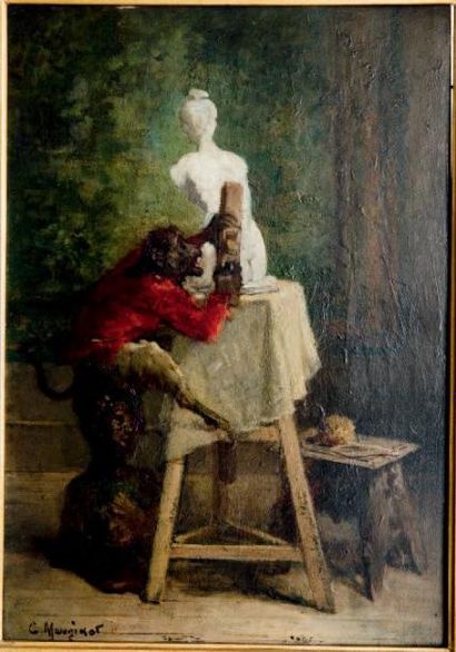 Charles MONGINOT (1825-1900) LE SINGE SCULPTEUR Huile sur toile signée en bas à gauche...