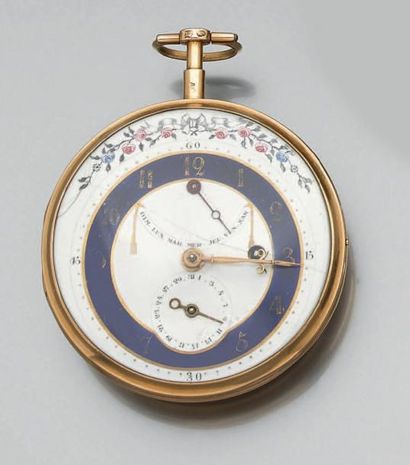 null MONTRE DE POCHE en or jaune, cadran émaillé blanc et bleu à chiffres arabes,...