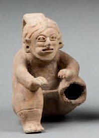 null Vase étrier anthropomorphe présentant un shaman chiquant rituellement des feuilles...