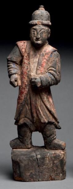 null Petit personnage présentant un adorant, en bois Chine, XIXème 28,5cm