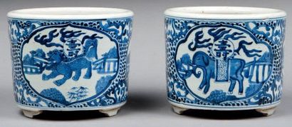 null Paire de caches pots "éléphant et dragon", bleu et blanc. Porcelaine. Chine...