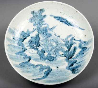 null Plat, décor de paysage, bleu et blanc. Porcelaine. Chine 32cm