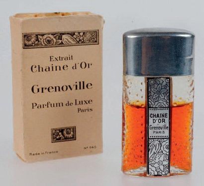 Grenoville «CHAINE D'OR» Flacon miniature en verre, couvre bouchon en laiton doré,...