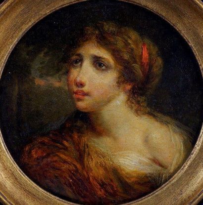 Ecole FRANCAISE vers 1800 "PORTRAIT DE JEUNE FEMME EN BUSTE AU RUBAN ROUGE" Huile...