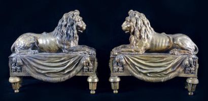 null PAIRE DE CHENETS en bronze anciennement doré à décor de lions couchés sur des...