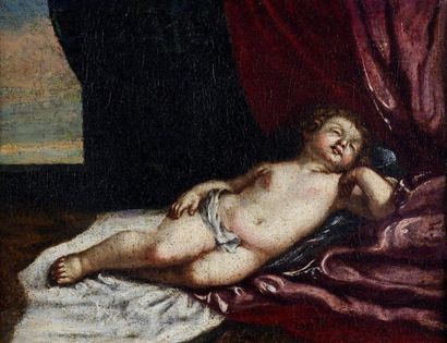 Ecole italienne du XVIIe siècle "L'ENFANT JÉSUS ENDORMI SUR DES DRAPÉS" Huile sur...