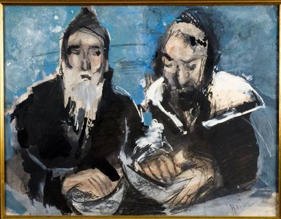 Jacques YANKEL (né en 1920) Les deux rabbins en prière Gouache et aquarelle signée...