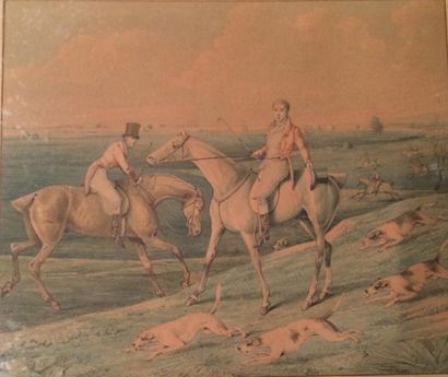 Carle VERNET (1758-1836) Chasseurs en veste rouge et chien dans la campagne Aquarelle...