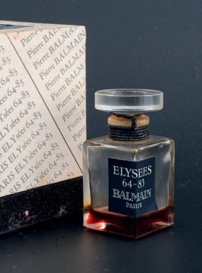 Pierre BALMAIN «ELYSÉES 64-83» Flacon en verre, panse cubique, étiquette titrée....