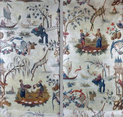 null Paire de toiles peintes à décor polychrome de chinois parmi des paysages lacustres....