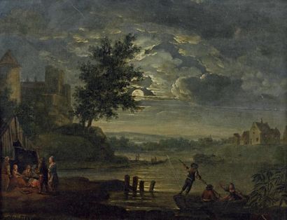 ECOLE FRANCAISE DU XIXème siècle Paysage au clair de lune Huile sur panneau, 33x...