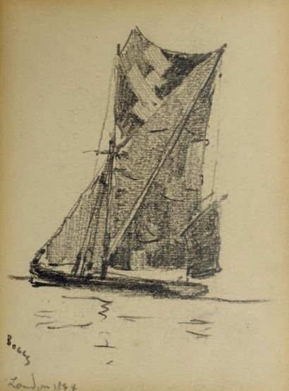 FRANK BOGGS (1855-1926) Etude de voilier Dessin au crayon gras signé et situé London,...