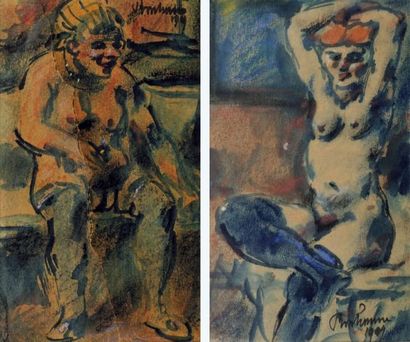 Léon BONHOMME (1870-1924) Le modèle nu aux bas noir et le modèle nu assis Deux aquarelles...