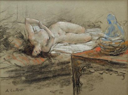 Antoine CALBET (1860-1944) Le modèle nu posant Dessin au fusain et au pastel, signé...
