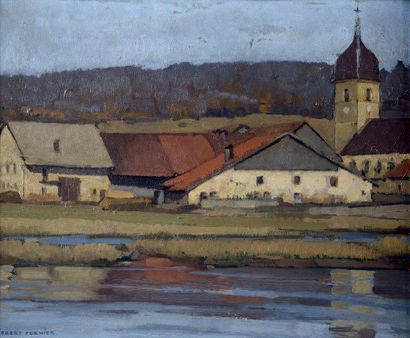 R. FERNIER (1895-1977) Bord de rivière Huile sur toile signée en bas à gauche 32...