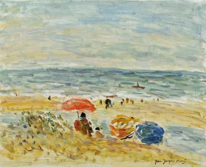 Jean Jacques RENE (né en 1943) La plage par temps clair huile sur toile, signée en...
