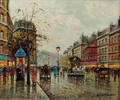 Antoine BLANCHARD (1910-1988) Promeneurs près du moulin rouge huile sur toile signée...