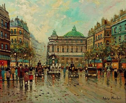 Antoine BLANCHARD (1910-1988) Promeneurs avenue de l'opera huile sur toile signée...