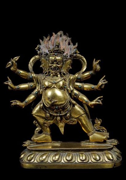 null MAHAKALA en bronze doré TIBET XVIIème / XVIIIème siècle Déesse au six bras,...