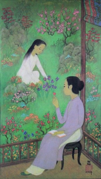 Trung Thu MAI (1906-1980) 
JEUNES FILLES AU JARDIN FLEURI Impression sur soie, signée...
