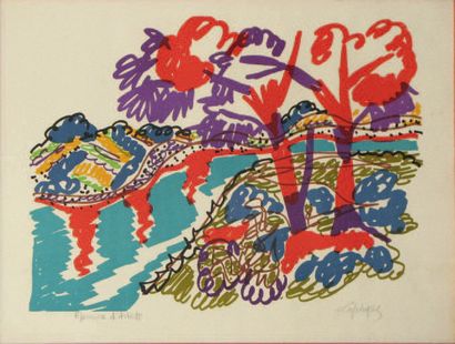Charles LAPICQUE (1898-1988) 
PAYSAGE AUX DEUX ARBRES
Lithographie en couleur sur...