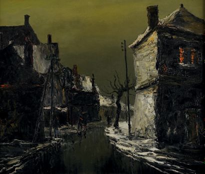 René PRIN (1905-1985) 
VILLAGE SOUS LA NEIGE
Huile sur toile signée
54x65cm