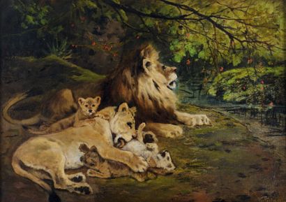 Gustave WERTHEIMER LION, LIONNE ET LIONCEAU Huile sur toile signée en bas à droi...