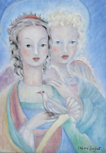 Irène LAGUT (1893-1994) 
LES DEUX ANGES À LA COLOMBE
Huile sur toile signée en bas...