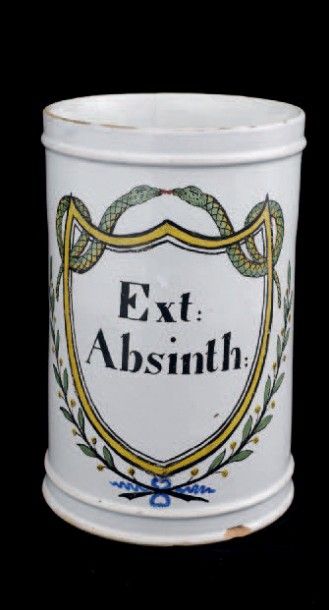 PARIS 
Pot de pharmacie droit portant l'inscription «EXT.ABSINTH» entourée de branchages...