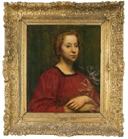 SERVAIS DETILLEUX (1874-1940) Jeune femme au lys rose Huile sur toile, signée en...