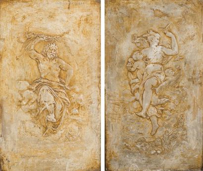 EUGÈNE DELAPLANCHE (1836-1891) Zeus et Vénus Paire de plaques en plâtre patiné et...