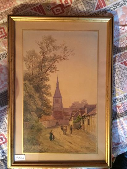 Jean Henri Chouppe (1817-1894) 
Vue du clocher dans une ruelle
Aquarelle, signée...