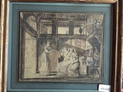 Ecole ANGLAISE du XIXème siècle 
Trois femmes dans un intérieur
Dessin au l'encr...
