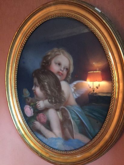 LUCIE R (XIXème siècle) 
Les deux anges
Pastel signé de forme ovale